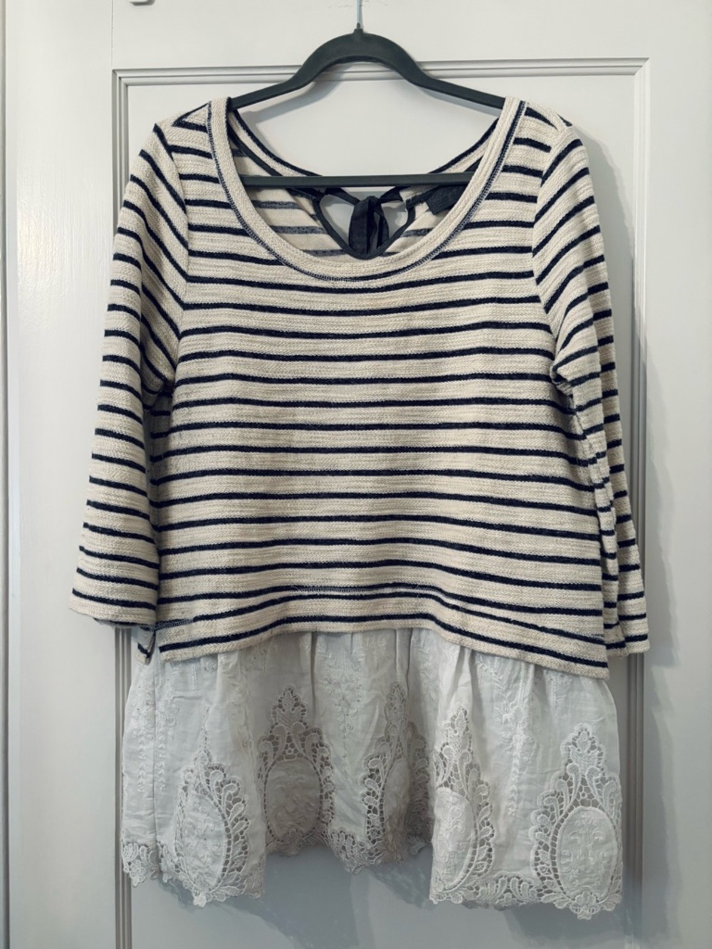 Anthropologie Navy & White Striped Lace-Hem Tunic